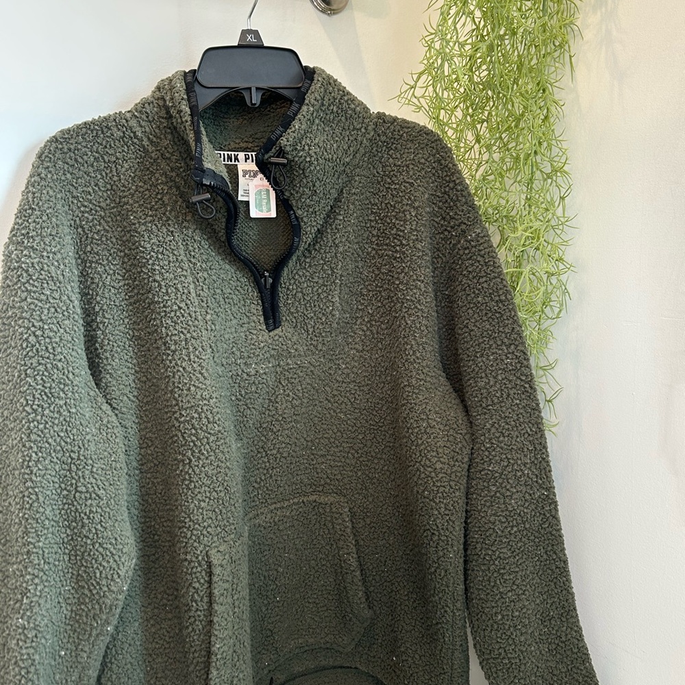 PINK Victoria's Secret Olive Green Sherpa Hoodie